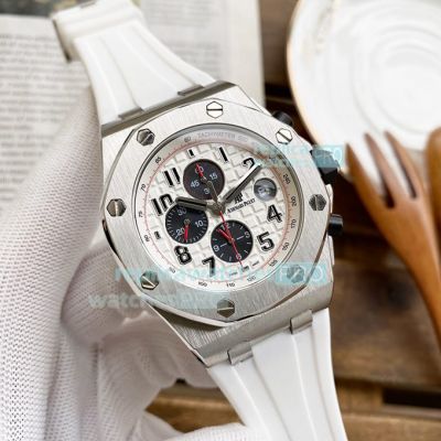 Copy Audemars Piguet Royal Oak Offshore SS White Chronograph Dial White Rubber 42MM